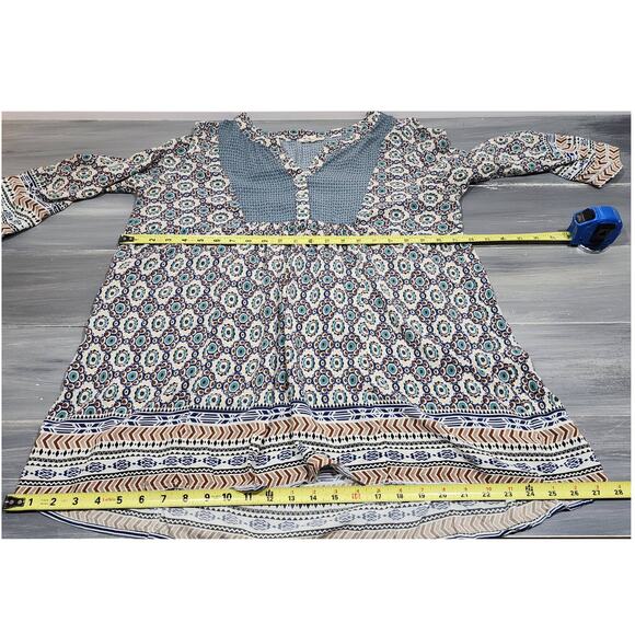 Easel Tunic Top Blouse V Neck Three Quarter Sleeve Size Medium Blue Boho Artsy - Picture 5 of 6